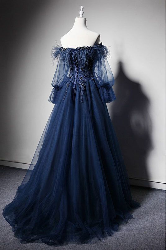 Dark Blue A-Line Off Shoulder Tulle Long Prom Dress Evening Dress,DP416