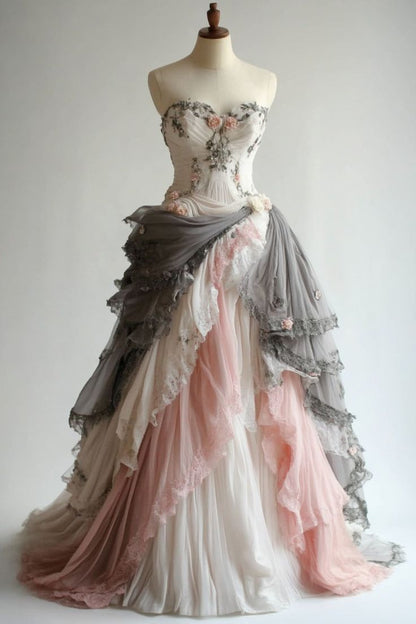 Gorgeous Floral Embroidered Tiered Strapless Sweetheart Tulle Ball Gown DP4170