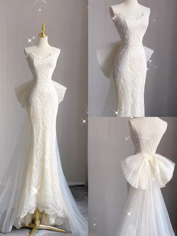 White Strapless Lace Mermaid Elegant Wedding Dress, DP4174