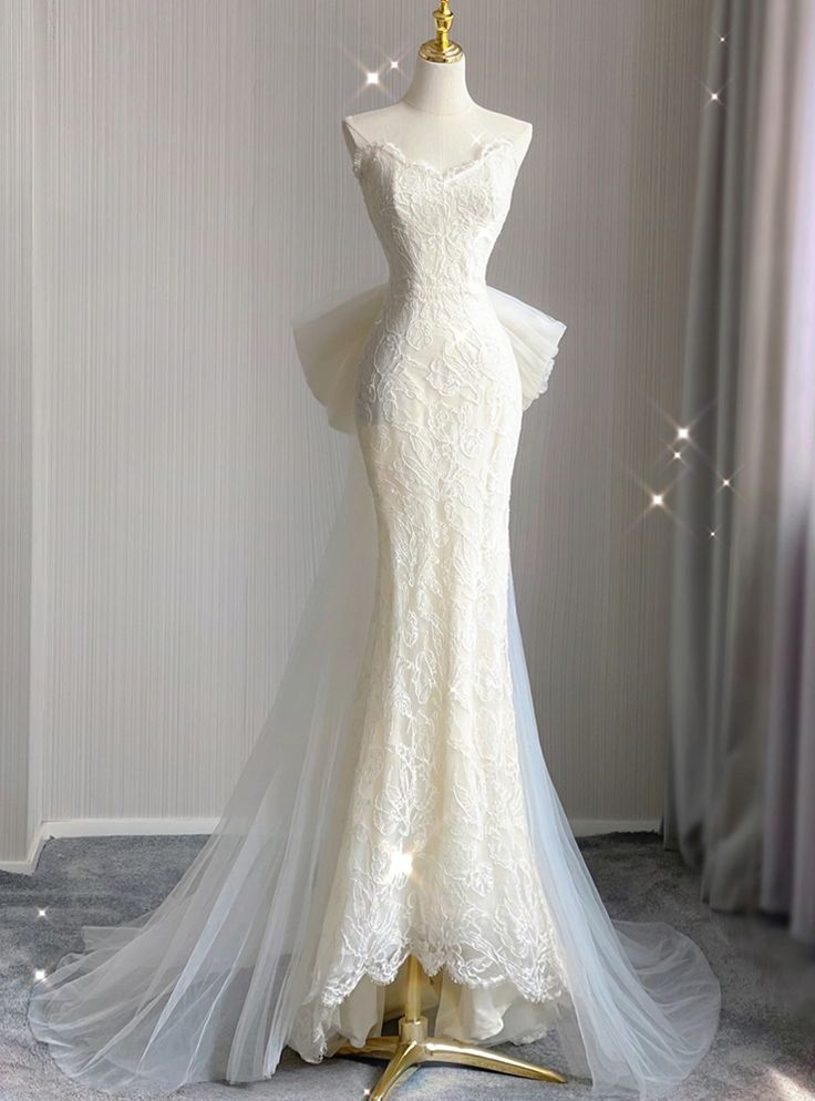 White Strapless Lace Mermaid Elegant Wedding Dress, DP4174