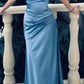 Modest Blue Off Shoulder Sheath Satin Long Party Dress, DP4179