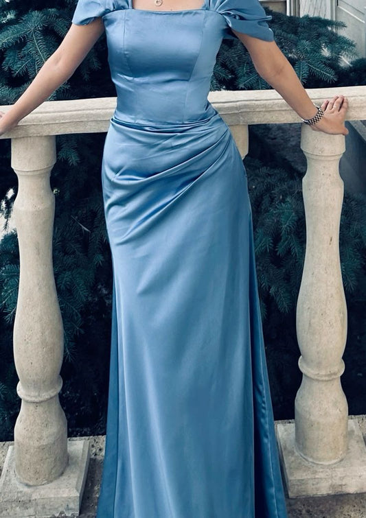 Modest Blue Off Shoulder Sheath Satin Long Party Dress, DP4179