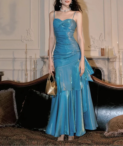 Blue Spaghetti Straps A-Line Chiffon Long Party Dress, DP4183