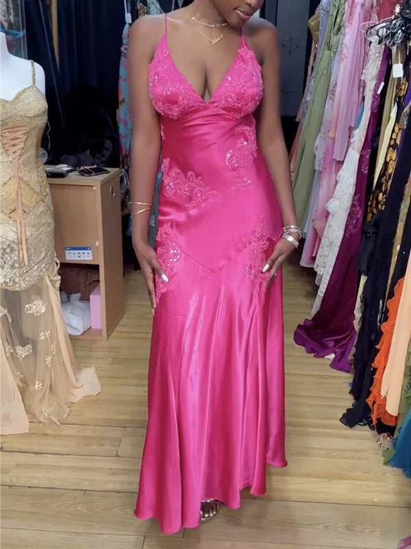 Hot Pink V Neck Backless Sheath Satin Long Prom Dress, DP4186