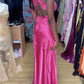 Hot Pink V Neck Backless Sheath Satin Long Prom Dress, DP4186