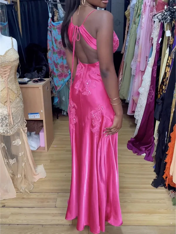 Hot Pink V Neck Backless Sheath Satin Long Prom Dress, DP4186