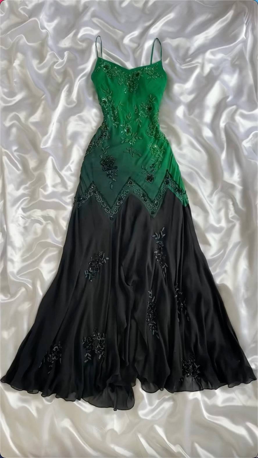 Green Spaghetti Straps Beading Vintage Long Party Dress, DP4189