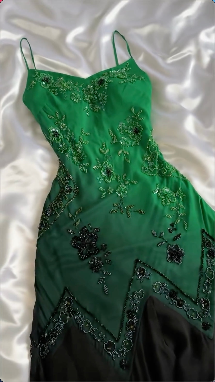 Green Spaghetti Straps Beading Vintage Long Party Dress, DP4189