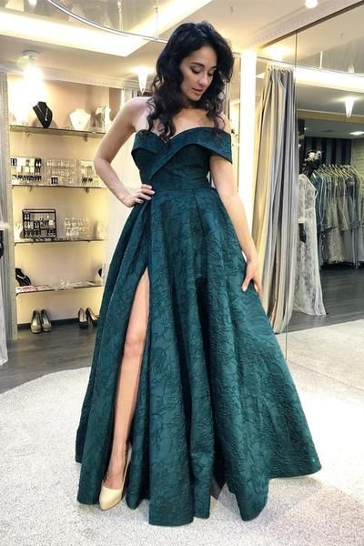 A-Line Off-the-Shoulder Floor-Length Dark Green Prom Dress with Split,DP418