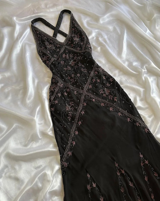 Black Cross Back Straps Beading Vintage Long Party Dress, DP4190