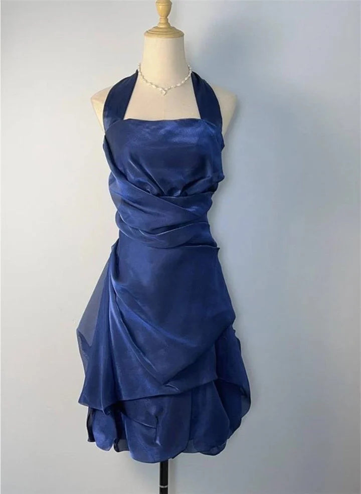 Blue Halter Sheath Vintage Short Party Dress, DP4192