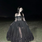 Off Shoulder A-Line Tulle Black Gothic Long Prom Dress, DP4191