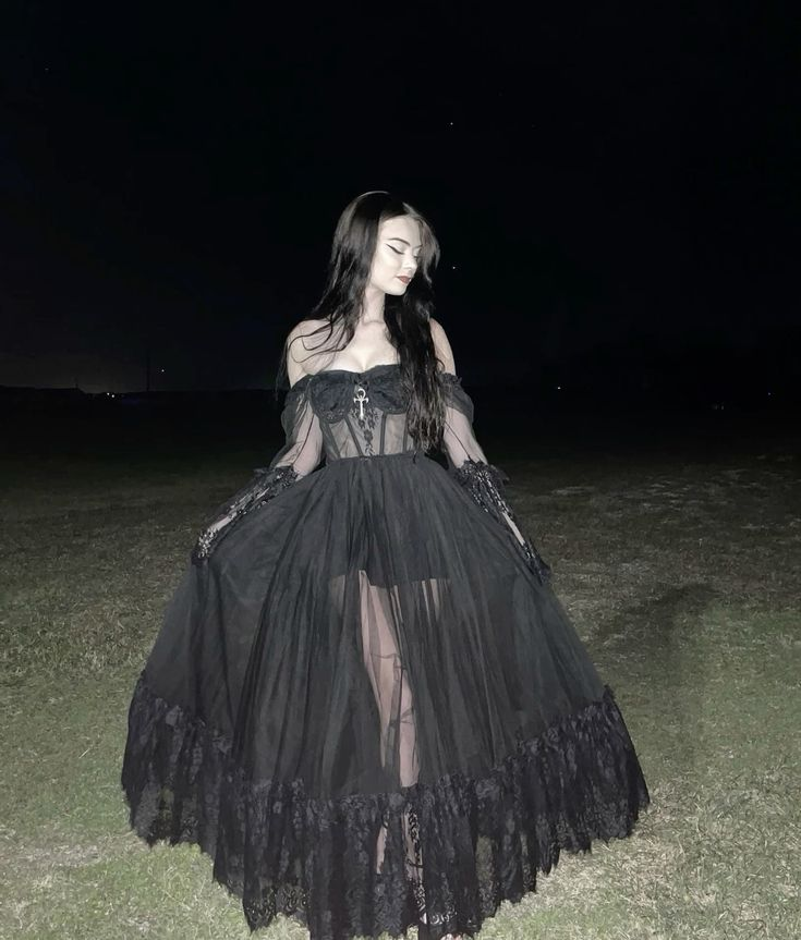 Off Shoulder A-Line Tulle Black Gothic Long Prom Dress, DP4191