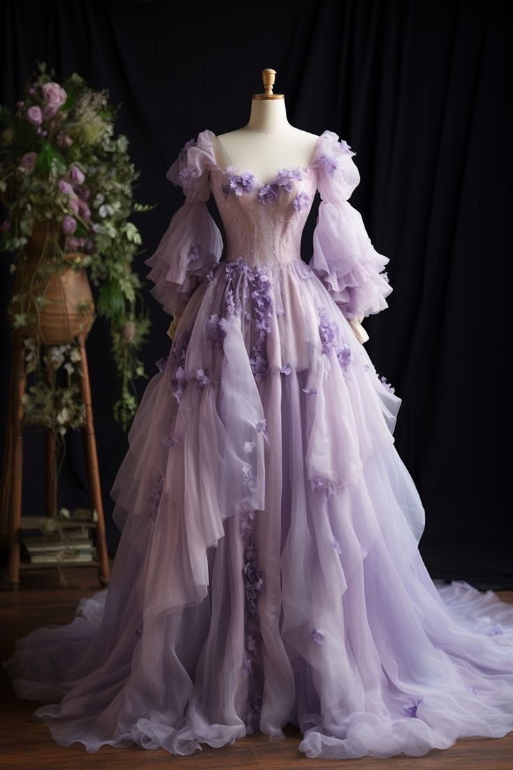 Lilac Long Sleeves A-Line Appliques Long Formal Prom Gown, DP4199