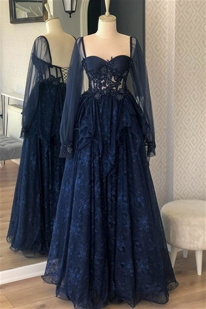 Dark Blue/Red Tulle A-Line Lace Long Prom Dress Ball Gown Wedding Guest Dress,DP419