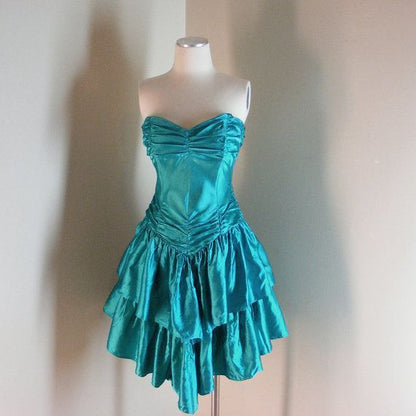 Turquoise Sweetheart Neck A-Line Satin Vintage Short Party Dress, DP4202