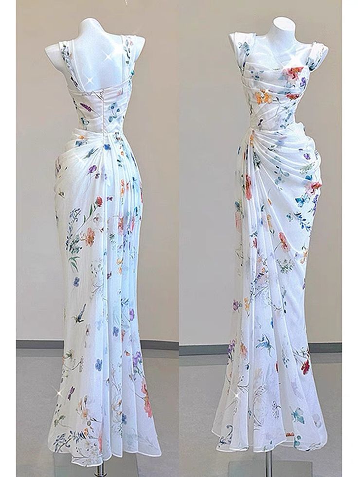 Pretty Straps Floral Chiffon Mermaid Long Party Dress, DP4208