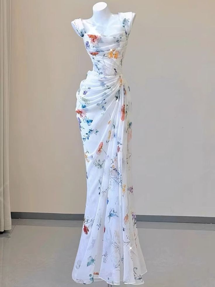 Pretty Straps Floral Chiffon Mermaid Long Party Dress, DP4208