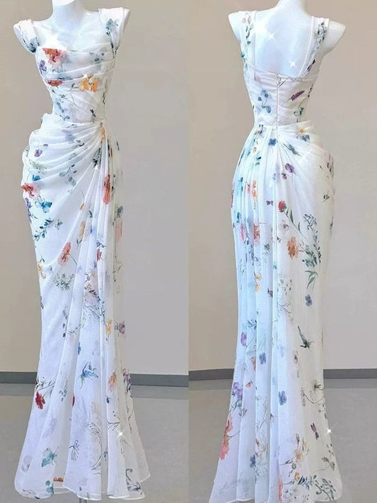 Pretty Straps Floral Chiffon Mermaid Long Party Dress, DP4208