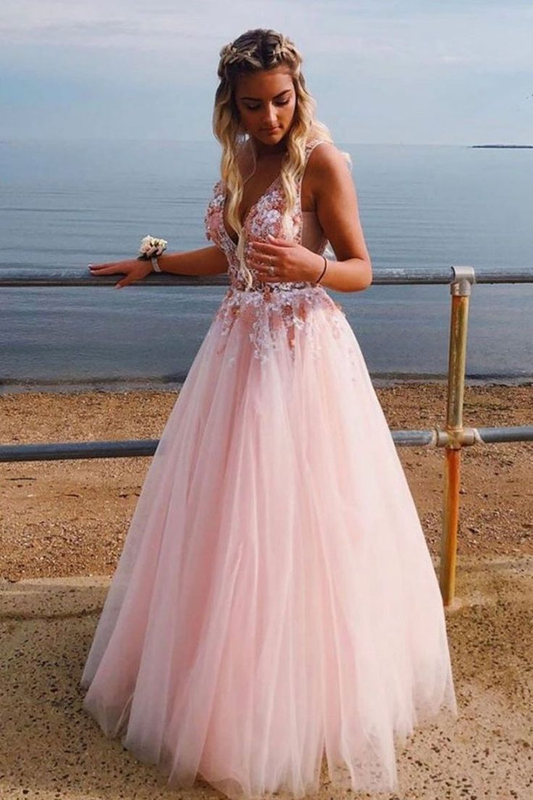 Pink A-Line V Neck Lace Appliques Tulle Long Prom Dress Formal Dress Evening Dress,DP420