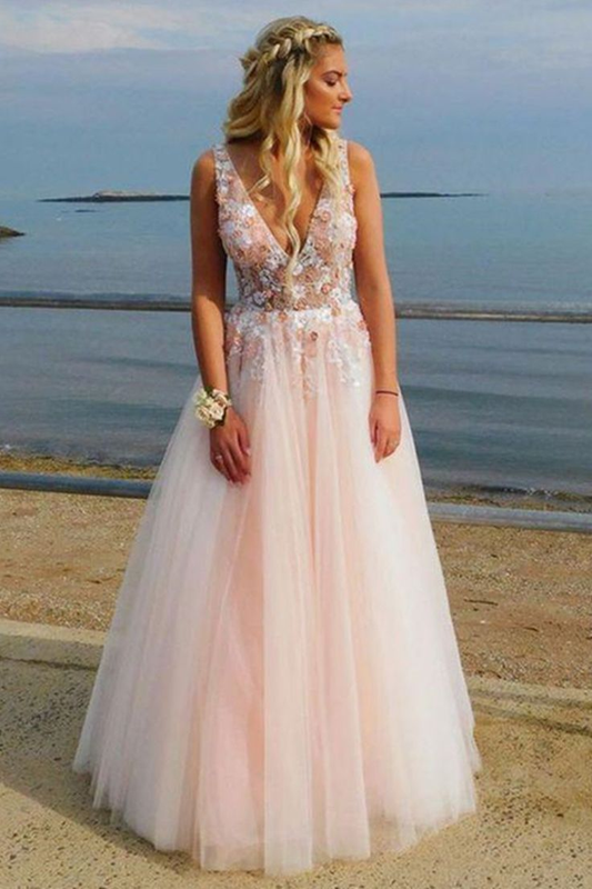 Pink A-Line V Neck Lace Appliques Tulle Long Prom Dress Formal Dress Evening Dress,DP420