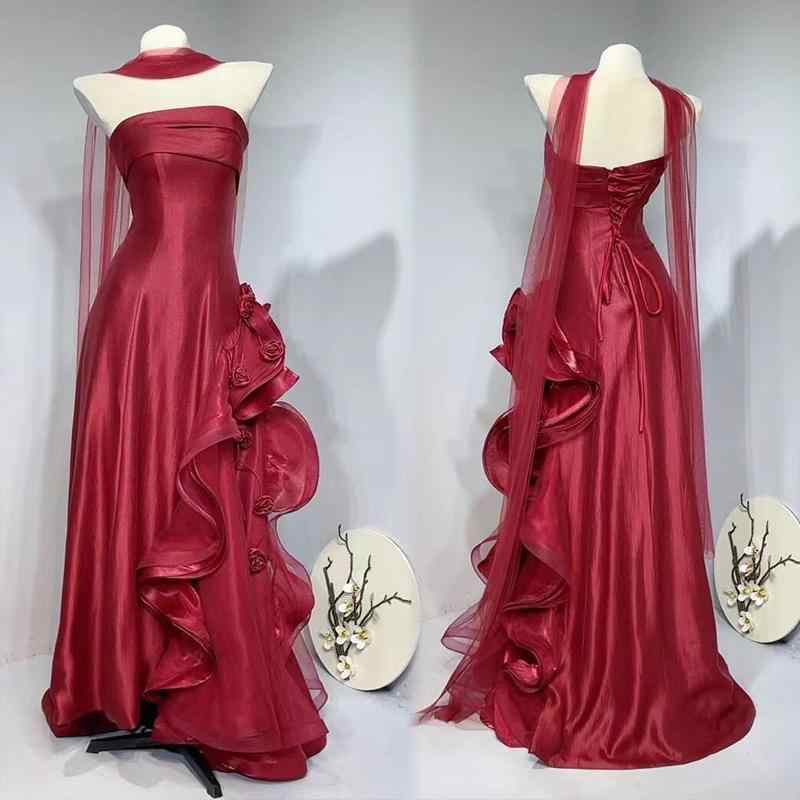 Burgundy Strapless A-Line Long Formal Prom Dress, DP4210