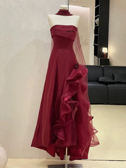 Burgundy Strapless A-Line Long Formal Prom Dress, DP4210