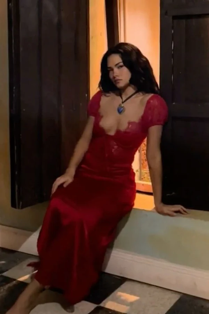 Sexy Red V Neck Lace Satin Long Evening Party Dress, DP4216