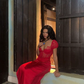 Sexy Red V Neck Lace Satin Long Evening Party Dress, DP4216