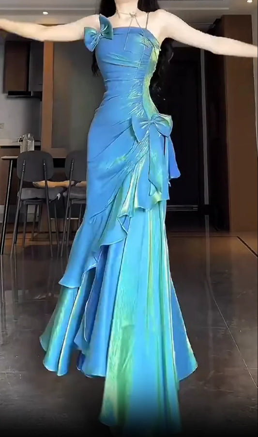 Blue Spaghetti Straps Mermaid Graduation Dress Long Prom Dress, DP4221