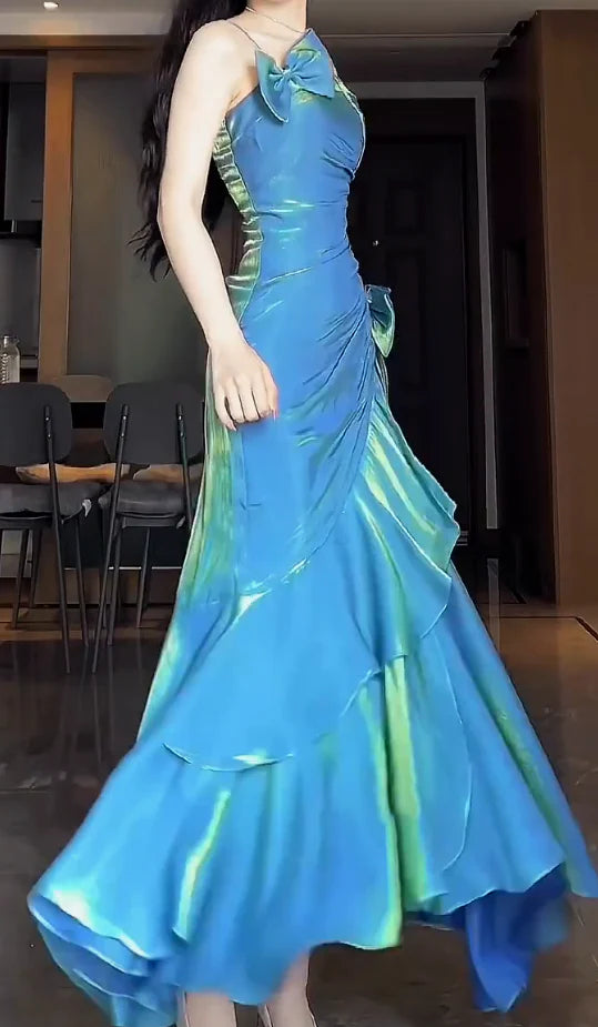 Blue Spaghetti Straps Mermaid Graduation Dress Long Prom Dress, DP4221