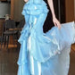 Blue Straps Sheath Cake Skirt Graduation Dress Long Prom Dress, DP4222