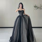 Black Strapless A-Line Tulle Long Formal Prom Dress Evening Gown, DP4224