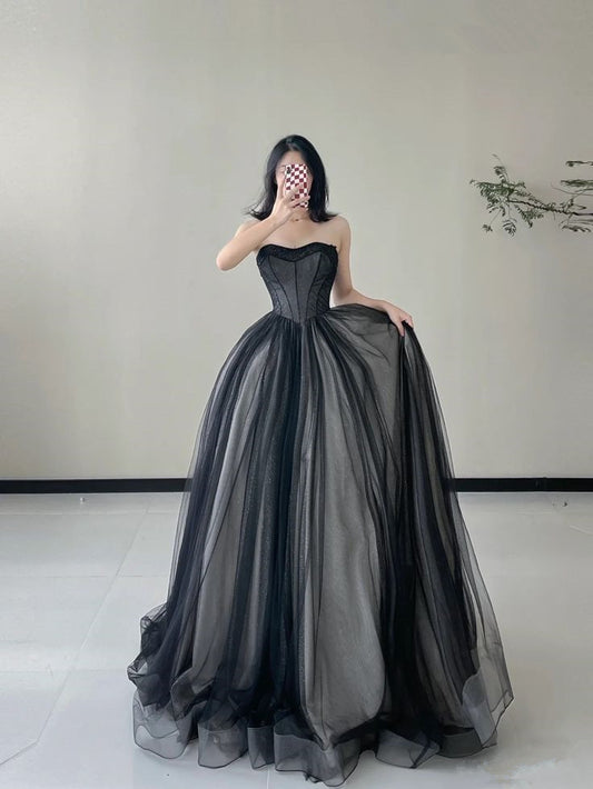 Black Strapless A-Line Tulle Long Formal Prom Dress Evening Gown, DP4224