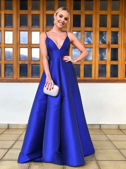 Royal Blue A-Line Satin Backless Strap Prom Dress Formal Evening Party Dress,DP422