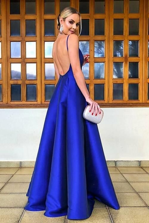 Royal Blue A-Line Satin Backless Strap Prom Dress Formal Evening Party Dress,DP422