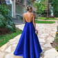 Royal Blue A-Line Satin Backless Strap Prom Dress Formal Evening Party Dress,DP422