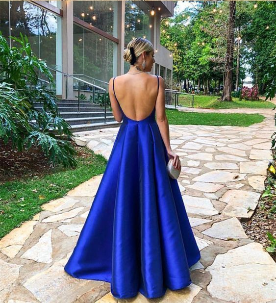 Royal Blue A-Line Satin Backless Strap Prom Dress Formal Evening Party Dress,DP422