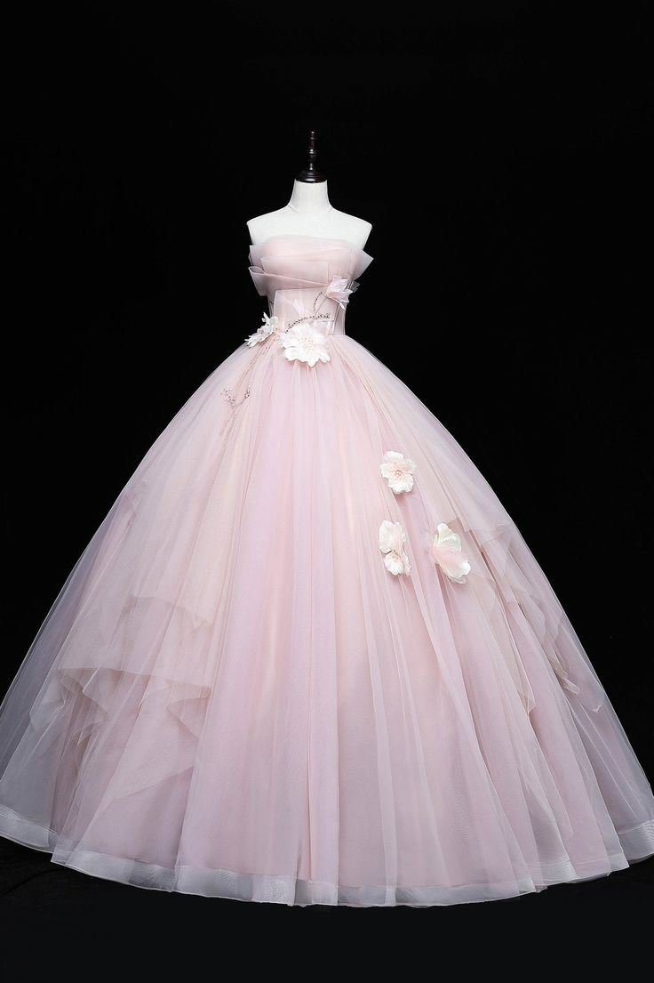 Pink Strapless A-Line Tulle Long Prom Dress Evening Ball Gown, DP4238