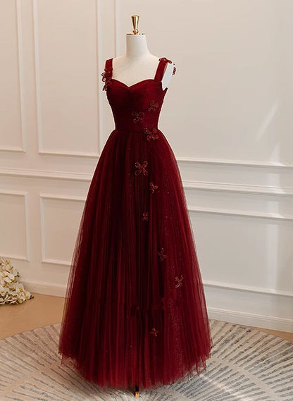 Wine Red Straps A-Line Tulle Long Prom Dress Graduation Dress, DP4243