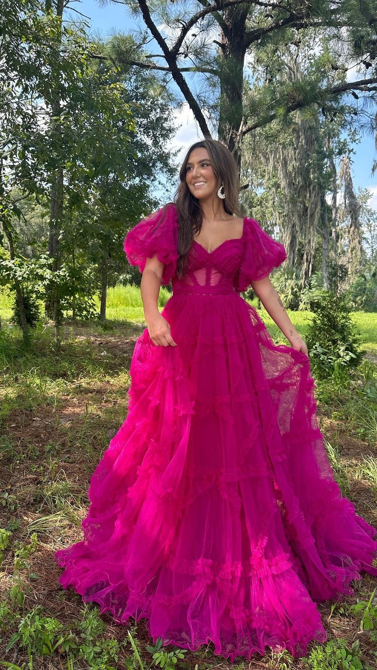 Fuchsia Off Shoulder A-Line Tulle Long Prom Dress, DP4244