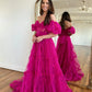 Fuchsia Off Shoulder A-Line Tulle Long Prom Dress, DP4244