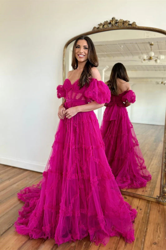 Fuchsia Off Shoulder A-Line Tulle Long Prom Dress, DP4244