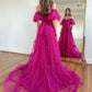 Fuchsia Off Shoulder A-Line Tulle Long Prom Dress, DP4244