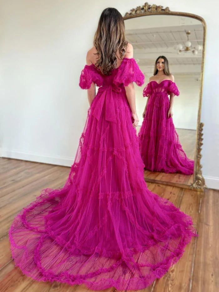 Fuchsia Off Shoulder A-Line Tulle Long Prom Dress, DP4244