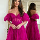 Fuchsia Off Shoulder A-Line Tulle Long Prom Dress, DP4244