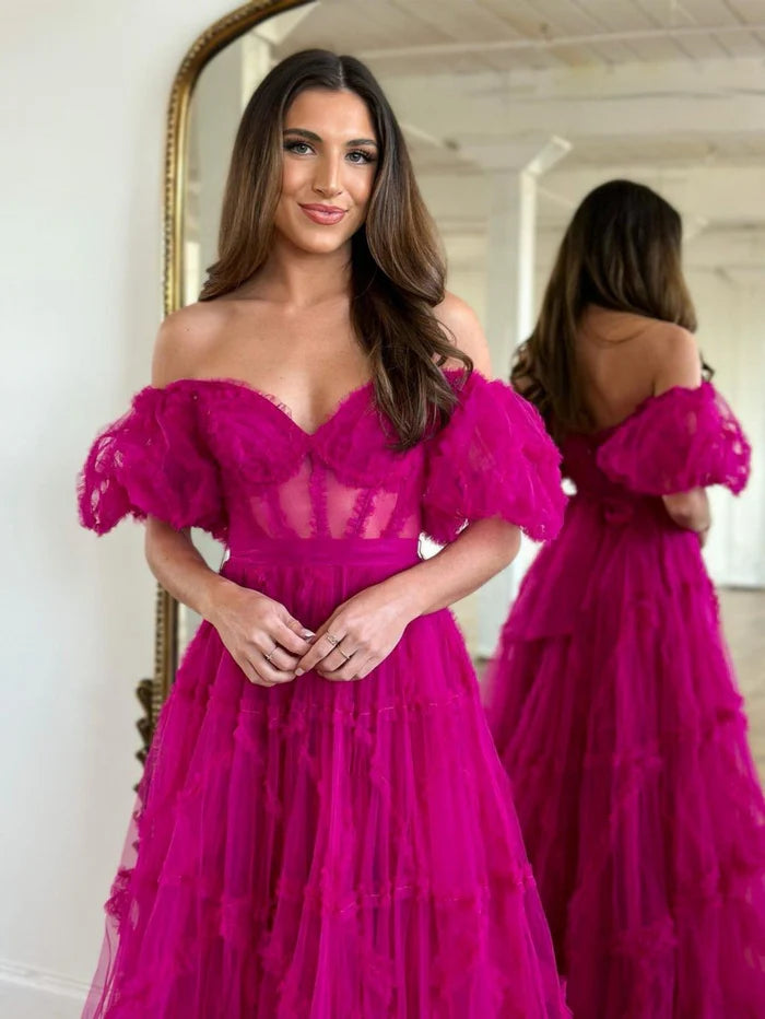 Fuchsia Off Shoulder A-Line Tulle Long Prom Dress, DP4244