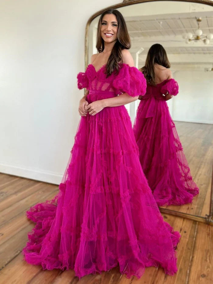 Fuchsia Off Shoulder A-Line Tulle Long Prom Dress, DP4244