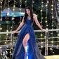 Navy Blue Strapless A-Line Shiny Long Prom Dress Evening Gown, DP4247