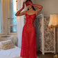 Sexy Red paghetti Straps A-Line Lace Long Party Dress, DP4249